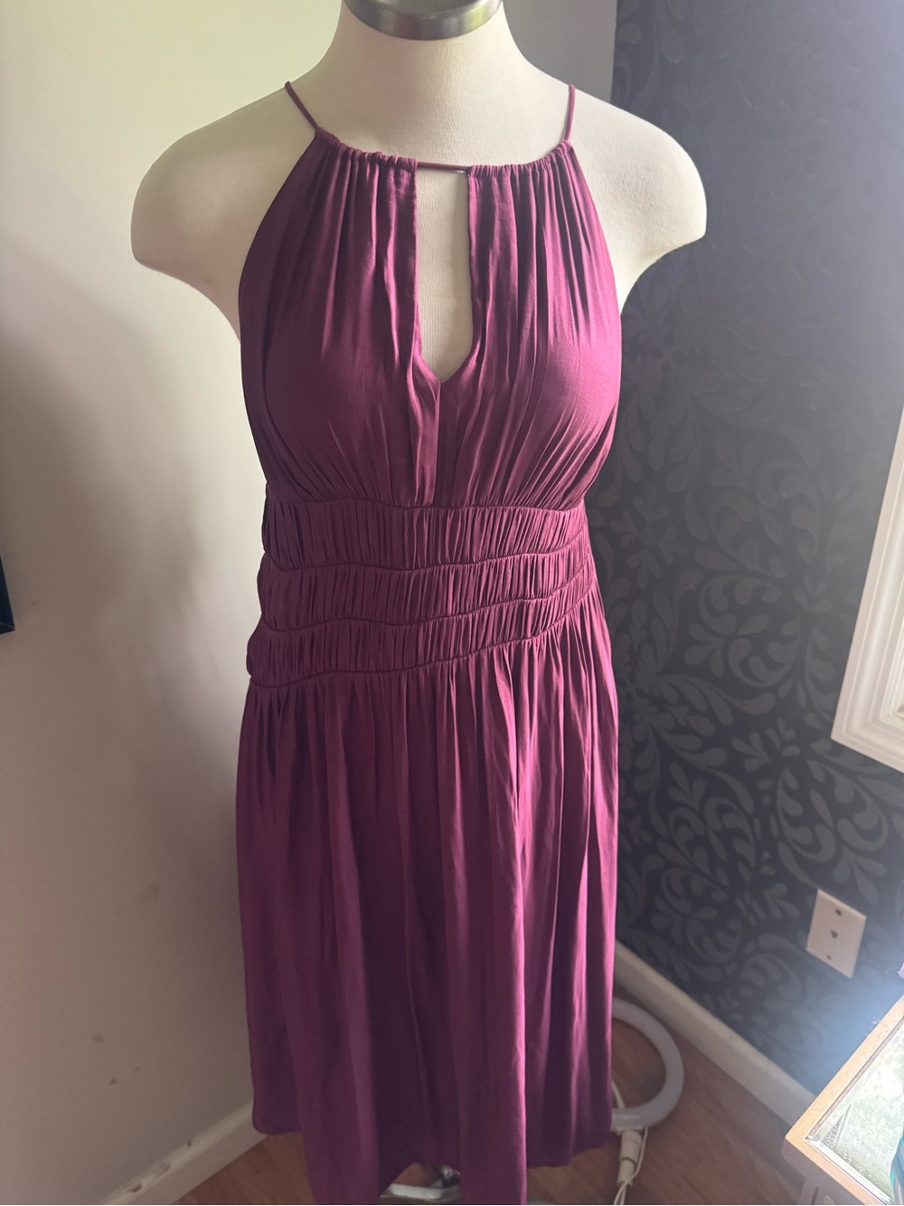 Moulinette Soeurs Bergundy Halter Midi Dress with Keyhole